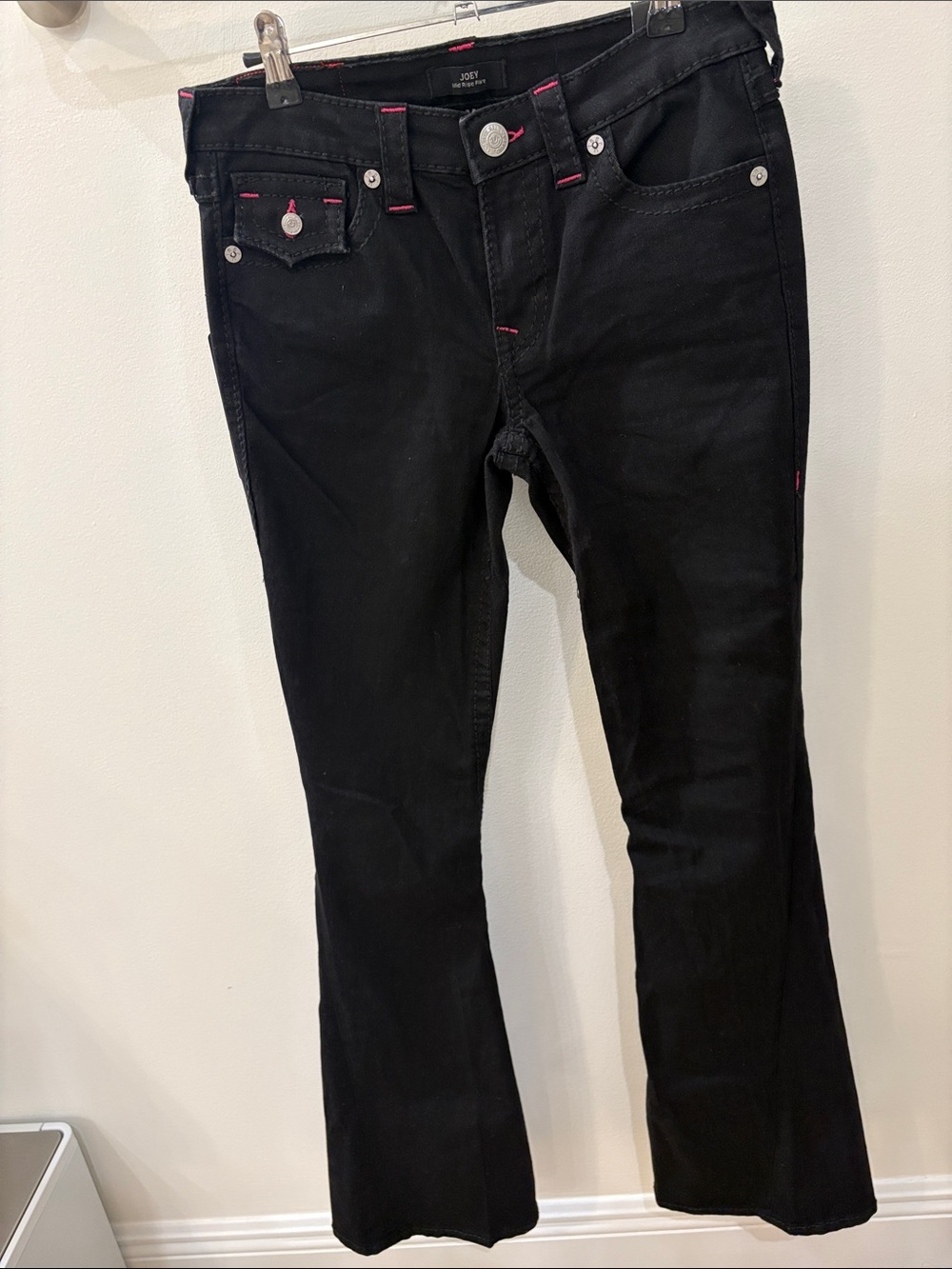 True religion Joey Black Flared Jeans with Pink Stitch Accents